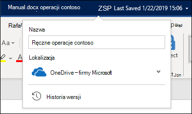 Menu rozwijane z tytułu dokumentu w programie Word dla usługi Office 365