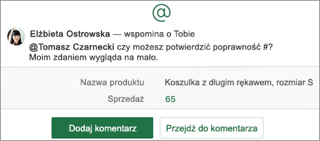 Arkusz kalkulacyjny ze @wzmianką i przyciskami Dodawanie komentarza oraz Przejście do komentarza