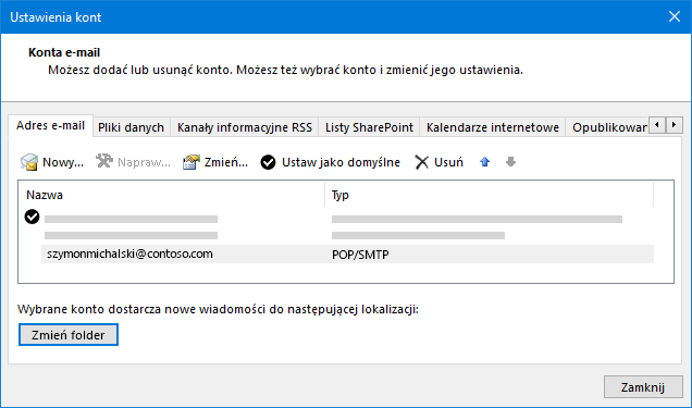 Okno dialogowe ustawień konta programu Outlook