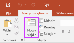 Przycisk Nowy slajd na karcie Narzędzia główne na wstążce w programie PowerPoint