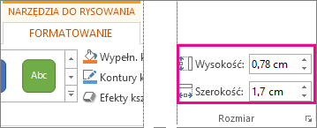 Pola Wysokość i Szerokość na karcie Narzędzia do rysowania > Formatowanie