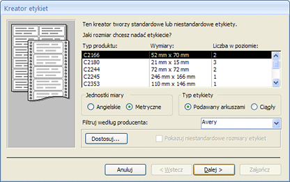 Pierwsza strona Kreatora etykiet