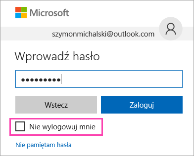 Zrzut ekranu przedstawiający pole wyboru Nie wylogowuj mnie na stronie logowania usługi Outlook.com