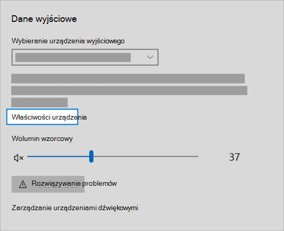 Link właściwości urządzenia wyjściowego dźwięku w menu dźwięku