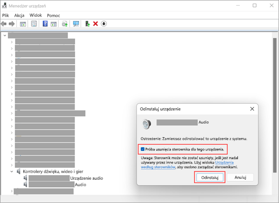 Odinstaluj urządzenie audio w Menedżerze urządzeń w systemie Windows 11.
