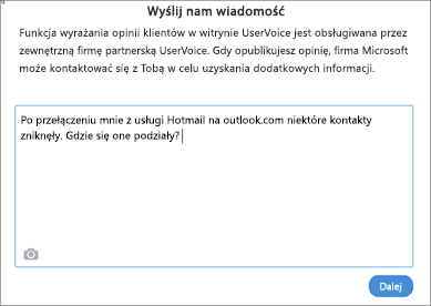 Przykład tego, co możesz napisać, aby poinformować nas, że brakuje Twoich kontaktów.