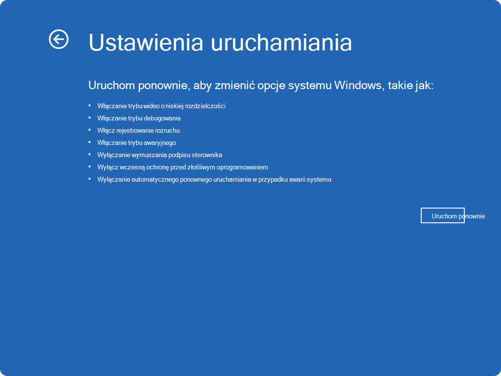 Zrzut ekranu przedstawiający ustawienia uruchamiania systemu Windows RE.