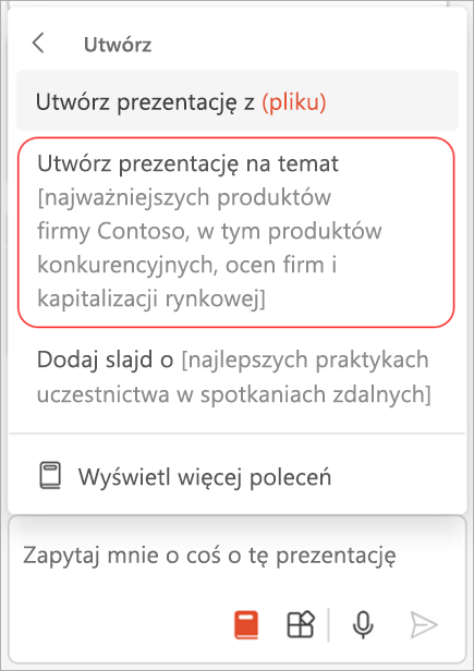 Zrzut ekranu przedstawiający menu podpowiedzi w funkcji Copilot w programie PowerPoint z wyróżnioną opcją Utwórz prezentację o