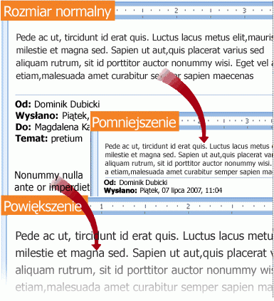 Przykładowe powiększone i pomniejszone wiadomości e-mail