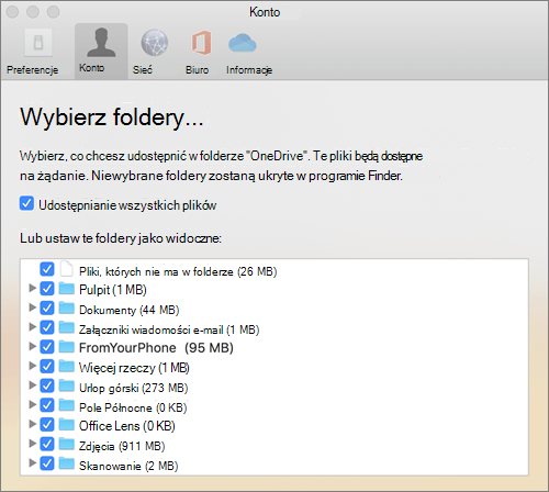 Okno dialogowe Wybieranie folderów w oknie preferencji OneDrive dla Mac