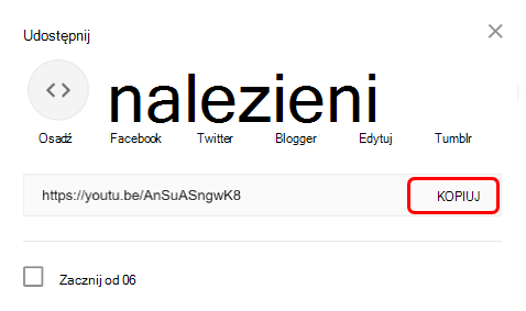 Okno dialogowe udostępniania w witrynie YouTube