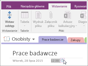 Zrzut ekranu, na którym wyjaśniono, jak zmienić sygnaturę czasową strony w programie OneNote 2016.