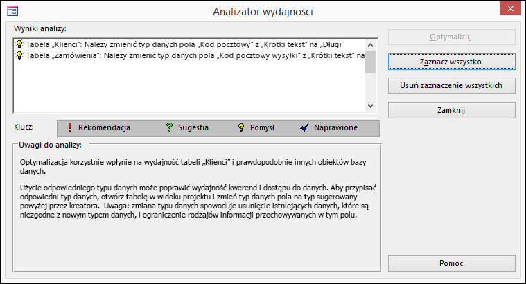 Okno dialogowe wyników Analizatora wydajności po uruchomieniu go w bazie danych programu Access.