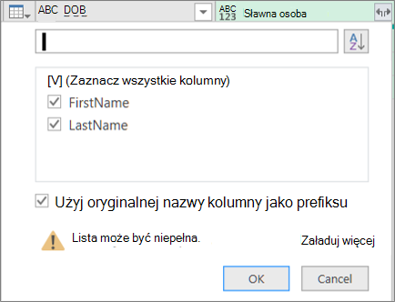 Kliknięcie przycisku Rozwiń dla kolumny rekordu strukturalnego