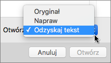 Kliknij pozycję Otwórz > Odzyskaj tekst, a następnie otwórz uszkodzony dokument, aby spróbować go odzyskać