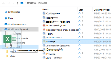 Zrzut ekranu przedstawiający przenoszenie pliku do innego folderu w usłudze OneDrive.