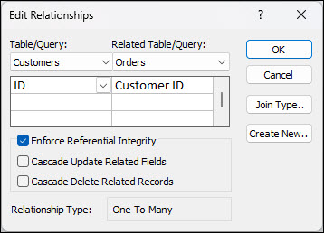 Okno dialogowe Edytowanie relacji w programie Access z polami sprzężenia Klienci i Zamówienia