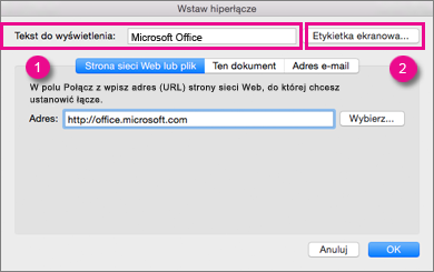 Okno dialogowe Hiperlink w pakiecie Office dla komputerów Mac