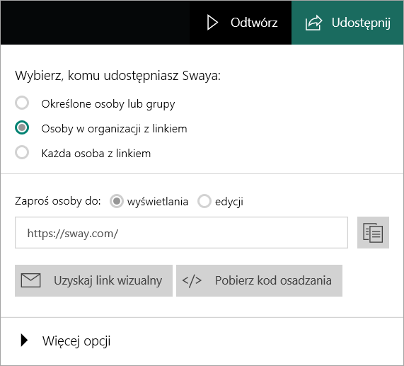 Menu aplikacji Sway na koncie organizacji