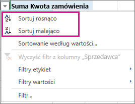 Opcje sortowania rosnąco i malejąco