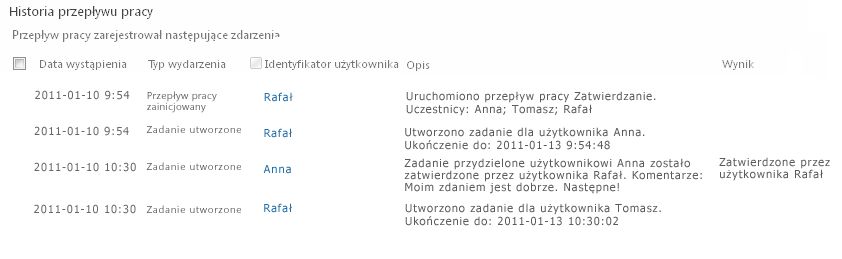 Sekcja Historia przepływu pracy na stronie Stan przepływu pracy