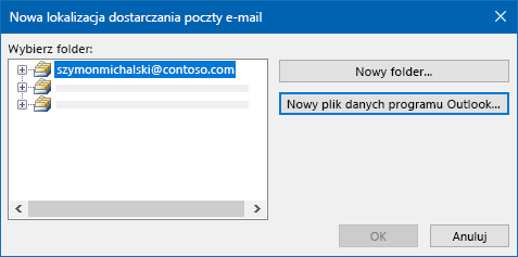 Okno dialogowe lokalizacji dostarczania poczty e-mail w programie Outlook