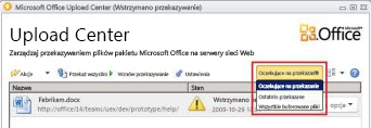 Centrum przekazywania pakietu Office z wyświetlonymi plikami oczekującymi na przekazanie