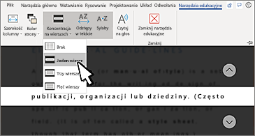 Lista rozwijana Koncentracja na wierszach na wstążce z wybraną opcją Jeden wiersz