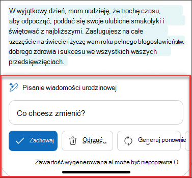 Tekst „Po dokładnym rozważeniu” z wersji roboczej wiadomości e-mail przy użyciu funkcji Copilot w systemach iOS i Android