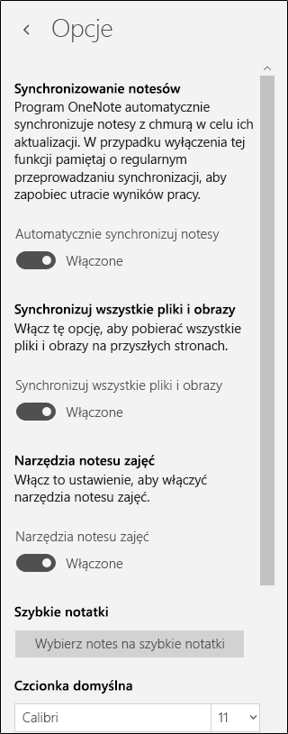 Opcje narzędzi notesu zajęć