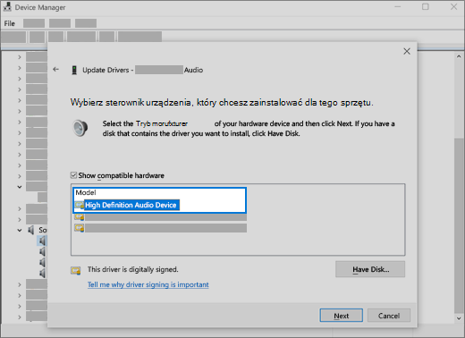 Wybierz sterownik i wybierz pozycję Dalej, aby użyć ogólnego sterownika audio
