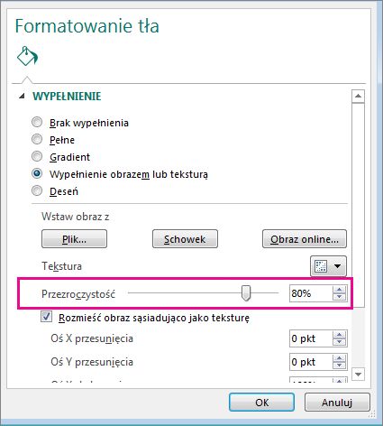 Suwak formatowania przezroczystości tła