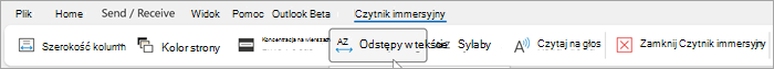 Zrzut ekranu przedstawiający wstążkę czytnika immersyjnego na pulpicie programu Outlook. Opcje od lewej do prawej to szerokość kolumny, kolor strony, fokus linii, odstępy w tekście, sylaby, czytanie na głos, zamykanie czytnika immersyjnego