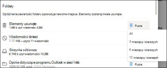 Ustawienia pamięci dla Outlook.com.