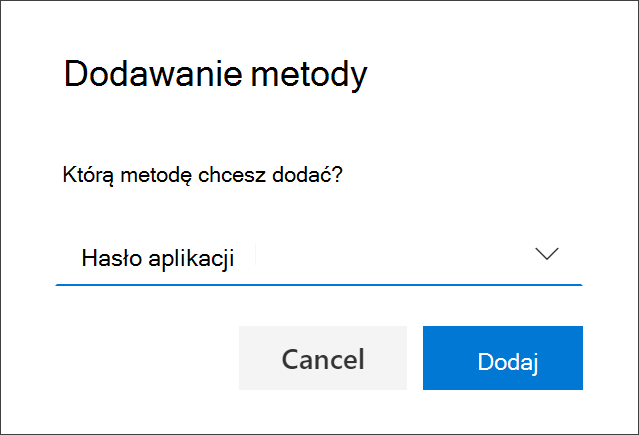 Pole Dodaj metodę z wybraną oknie Hasło aplikacji