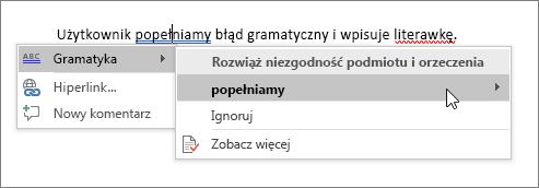 Przykład sprawdzania pisowni i gramatyki w usłudze Office 365