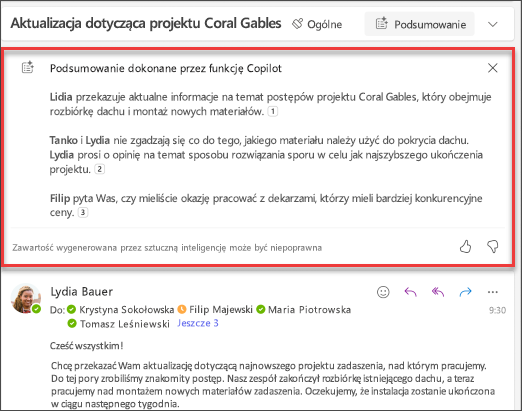 Podsumowanie wątku wiadomości e-mail z cytatami utworzone przez funkcję Copilot.