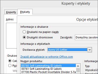 Wybieranie układu zgodnego z firmą Avery w oknie dialogowym Opcje etykiet