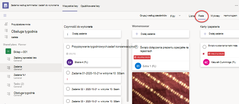 Widok tablicy zadań w aplikacji Teams