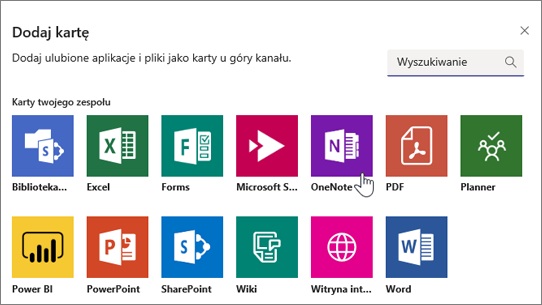 Dodawanie programu OneNote jako karty w zespole.