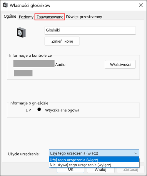 Włącz urządzenie audio we właściwościach głośników w systemie Windows 11.