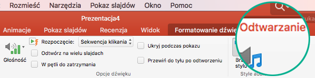 Po zaznaczeniu klipu audio na slajdzie zostanie wyświetlona karta Odtwarzanie na wstążce z paskiem narzędzi, służąca do ustawiania opcji odtwarzania.