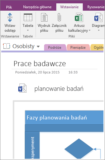 Zrzut ekranu przedstawiający dodawanie istniejącego diagramu programu Visio do programu OneNote 2016.