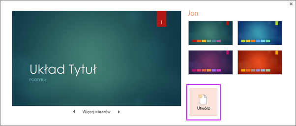 Okno dialogowe tworzenia nowej prezentacji na podstawie motywu w programie PowerPoint
