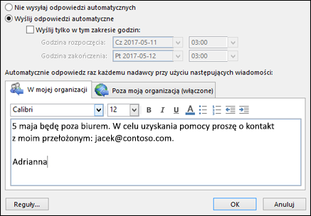 Wpisz treść wiadomości odpowiedzi automatycznej