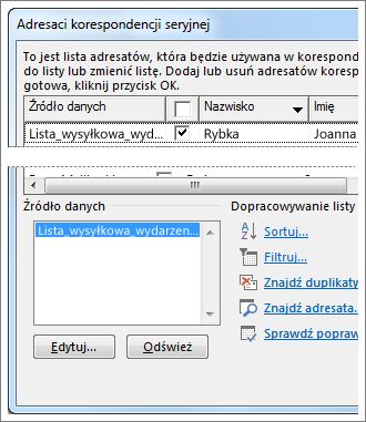 Opcje listy adresatów korespondencji seryjnej