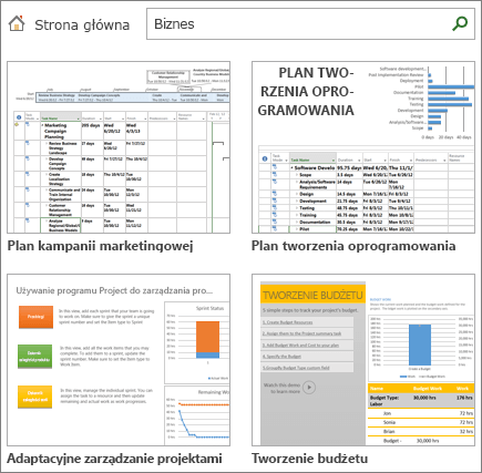 Zrzut ekranu przedstawiający szablony planu projektu w kategorii Biznes.