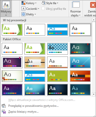 Pokazuje opcje motywów wzorca slajdów w programie PowerPoint