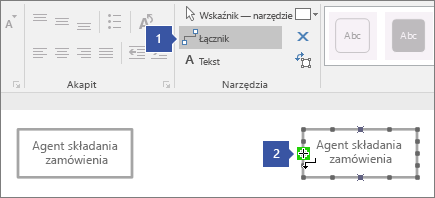 1 wskazujący narzędzie Łącznik, 2 wskazujący kursor umieszczony na zielonym wyróżnionym punkcie połączenia na kształcie linii życia