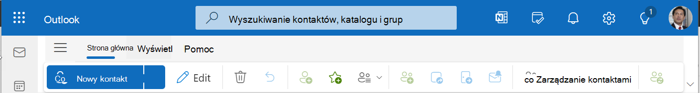 Za pomocą paska narzędzi Kontakty możesz tworzyć, edytować lub usuwać kontakty albo wybierać inne opcje.